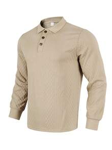 Kolrap Men's Business Casual Polo Collar Sweatshirt, Textured Jacquard Button Placket Loose Long Sleeve Top, Suitable For Daily Commute - Apricot - View 11