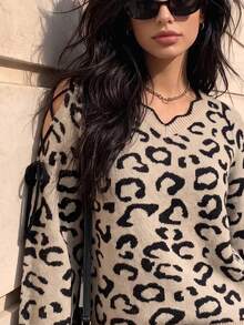 BuyK [Top]Leopard Print V-Neck Knit Sweater, Loose Cold Shoulder Tie Sleeve Pullover, For Weekend Classic Leopard Print Cozy Knit Sweater Vacation - Khaki - View 6