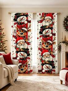 2pcs Cartoon Christmas Vertical Stacked Character Curtains, Santa Claus Snowman Reindeer Snowflake Candy Print, Polyester Material, Pocket Rod Installation, Merry Christmas Decoration 2027 Home Seasonal Bedroom Living Room Kitchen Bathroom Laundry Room Curtains, New Year Decoration, Machine Washable, Good Light Transmittance, Christmas Atmosphere Decorative Curtains, Multiple Sizes Available, 2D Flat Print, Super Cool Decorative Curtains - Multicolor - View 1