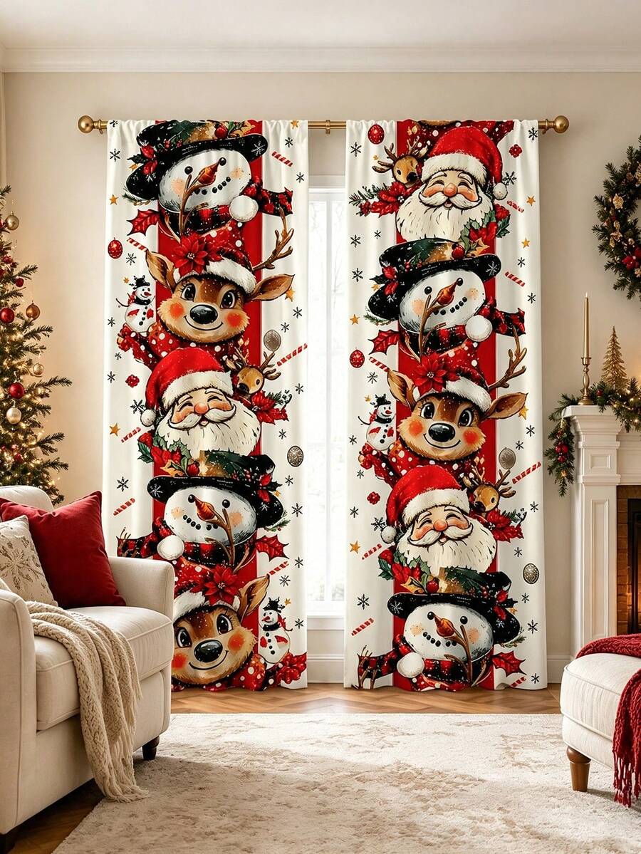 2pcs Cartoon Christmas Vertical Stacked Character Curtains, Santa Claus Snowman Reindeer Snowflake Candy Print, Polyester Material, Pocket Rod Installation, Merry Christmas Decoration 2027 Home Seasonal Bedroom Living Room Kitchen Bathroom Laundry Room Curtains, New Year Decoration, Machine Washable, Good Light Transmittance, Christmas Atmosphere Decorative Curtains, Multiple Sizes Available, 2D Flat Print, Super Cool Decorative Curtains - Multicolor - View 1