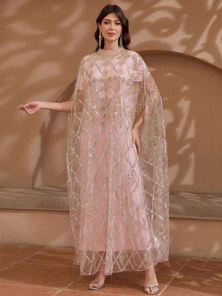 JINLICX 奢華淡粉色卡夫坦長洋裝 優雅端莊長禮服 適合婚禮宴會