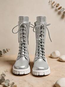 1 Pair Silver Fashion Vintage Kids Tall Boots, Comfortable PU Material, Shiny Lace-Up Side Zipper Design, Durable Thick Sole Height-Increasing Riding Boots For Girls, Suitable For Daily School, Holidays, Vacation, Versatile, Autumn/Winter New Style - Silver - View 6