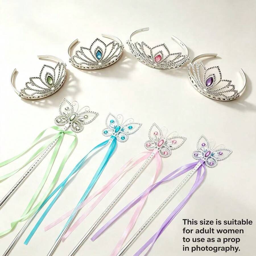 4 Sets Princess Maple Leaf Crown And Butterfly Wand Set, Heart-Shaped Rhinestone And Fairy Wand Combination, Dress-Up Accessories Set - Multicolor - View 1