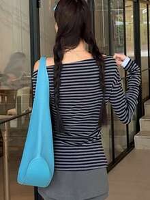 New Long Sleeve T-Shirt, Early Autumn, High-End Niche, Unique Striped Asymmetrical Shoulder Asymmetrical Top - Dark Grey - View 3