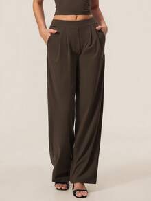 TimeOff Women's 1pc Solid Color Autumn/Winter Pleated Front Side Pocket Straight Wide Leg Long Pants - Coffee Brown - View 9