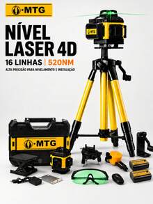 Nível a Laser Verde 4D 16 Linhas 360° Autonivelante com Tripé, Controle Remoto, 2 Baterias 5000mAh e Maleta MTG - Amarelo - Visão 1