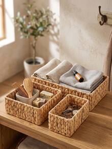 1Pc/3Pcs(S+M+L) Wicker Storage Basket Set, Natural Water Hyacinth Handwoven Baskets, Large Medium Small Stackable Storage Bins For Pantry Shelf Kitchen Bathroom Bedroom Organizer, Decorative Woven Basket Halloween Christmas Gift Home Decor - Ginger - View 5