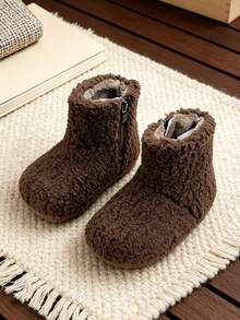 1 Pair Kids Soft Plush Short Boots, Simple Side Zipper Round Toe Ankle Boots, Suitable For Home Wear, Suitable For Casual Walking, Suitable For Autumn/Winter - Brown - View 5