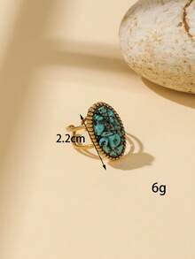 1/4pcs Set 304 Stainless Steel Inlaid Vintage Green Turquoise Crushed Stone, Pale Purple Crushed Stone, Turquoise Green Crushed Stone Open Rings, Adjustable Size, Available In Multiple Colors, Can Be Purchased Individually Or As A Set, Hollow Multi-Layer Gold Rim Heart Wide Oval Stackable Rings - Yellow Gold - View 4