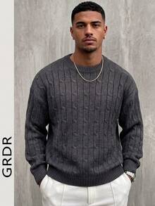 GRDR Men's Casual Cable Knit Crew Neck Long Sleeve Sweater - Grey - View 3