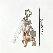 1pc Flocked Deer Keychain, Lace Ribbon Flower Bead Charm, Cute Atmosphere Pendant, Suitable For Handbag, Backpack Decoration, Can Be Used As Gift - Multicolor B - View 6