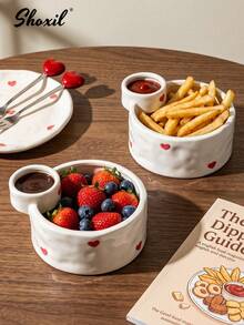 shoxil 1pc Heart Print Ceramic French Fries Bowl With Built-In Sauce Compartment, Dual-Section Heating Appetizer Plate, Creative Snack Tableware, Suitable For Home Daily Use, Family Gatherings And Movie Night - Bowl - View 2