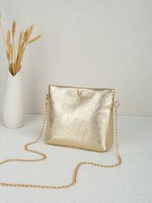 Damen Metallic Crackle Polyester Ketten Umhängetasche, modische Perlen Dekor Schultertasche, Gold Silber Farboptionen, lässige tägliche Party Handtasche - Gold - Übersicht 7