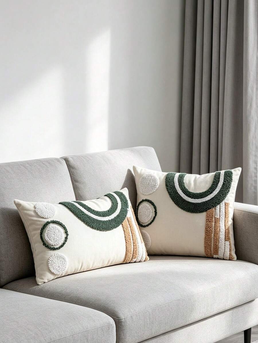 Bộ 1 vỏ gối trang trí phong cách Boho thêu họa tiết hình học tufted, thêu vòng cung và hình tròn trừu tượng, dùng cho sofa, ghế dài, phòng khách, phòng ngủ, trang trí nhà cửa, 45*45cm & 30*50cm, không kèm ruột