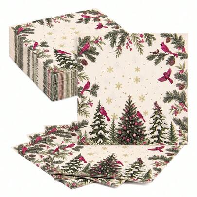 20/40/60Pcs,Vintage Red Cardinal & Christmas Tree Disposable Party Napkins,Cocktail Tissues Printed With Cedar Branches,Holly Berries & Gold Snowflakes,2-Ply Thick Woodland Winter Decor Serviettes,Ideal For Christmas Dinner,Winter Gathering