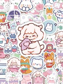 100Pcs Pastel Chibi Animal Stickers, Mixed Cat Fox Sheep Rabbit Decals, Waterproof Vinyl Stickers For Laptop, Water Bottle, Planner & Cup DIY Decor - Multicolor - View 3