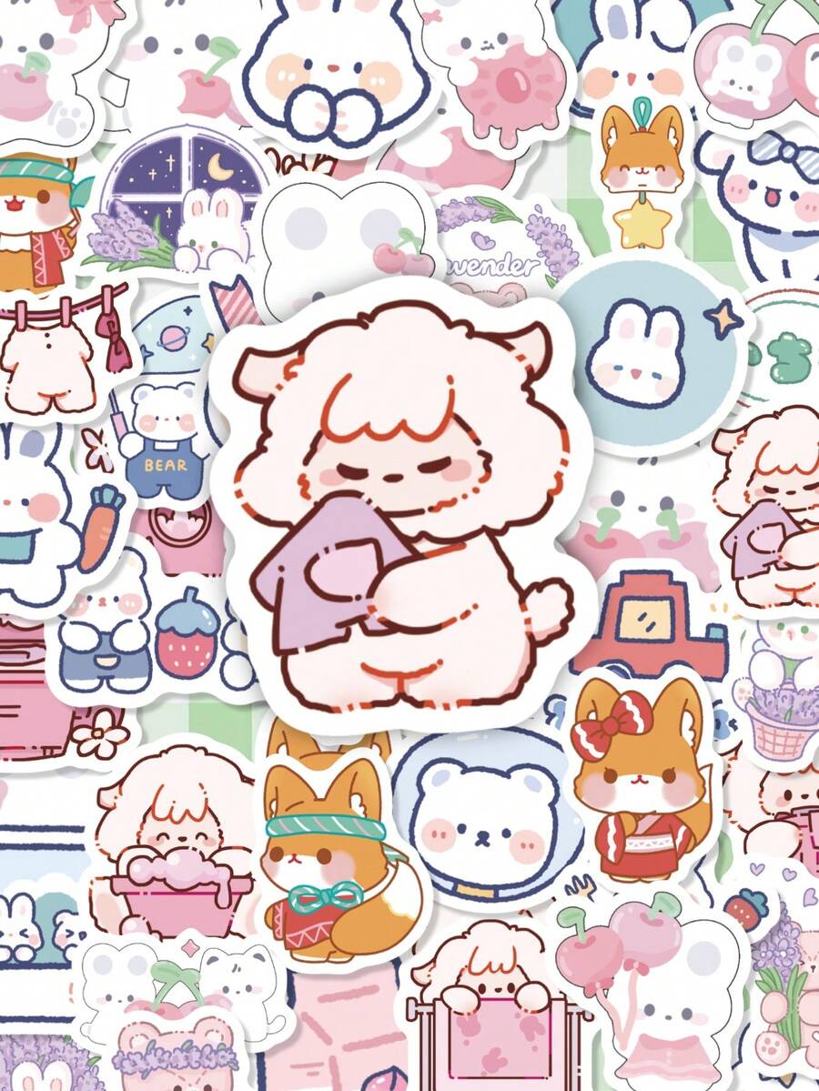 100Pcs Pastel Chibi Animal Stickers, Mixed Cat Fox Sheep Rabbit Decals, Waterproof Vinyl Stickers For Laptop, Water Bottle, Planner & Cup DIY Decor - Multicolor - View 1