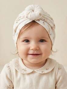 1pc Newborn Beige Bun Headband Fontanelle Protector Soft Cute Baby Headband Hat Set - Multicolor - View 6
