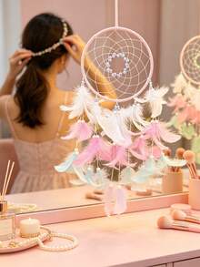 1pc Girls Dream Catcher, Butterfly Center, Pink And White Mixed Feathers And Transparent Beads, Bedroom Pink Decoration, With Decorative Box And White Raffia - Multicolor - View 9