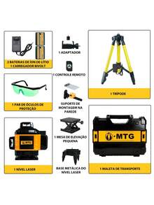 Nível a Laser Verde 4D 16 Linhas 360° Autonivelante com Tripé, Controle Remoto, 2 Baterias 5000mAh e Maleta MTG - Amarelo - Visão 2