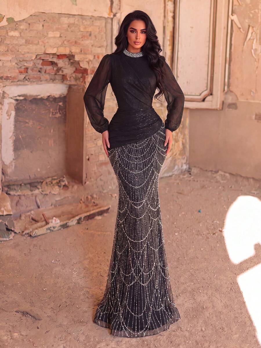 Women's Luxury Long Mermaid Sequin Formal Dress, Bishop Sleeves, Ruched Details, Round Neck, Suitable For Evening Party - Black - View 1