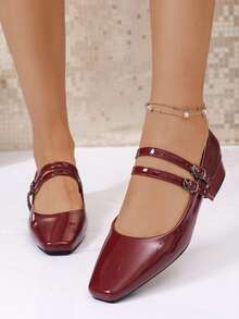 Vintage Mary Jane Women's Shoes With Double Buckle Strap, Square Toe, Chunky Heel, Comfortable Commuter Versatile Low Vamp Shoes - Burgundy - View 3