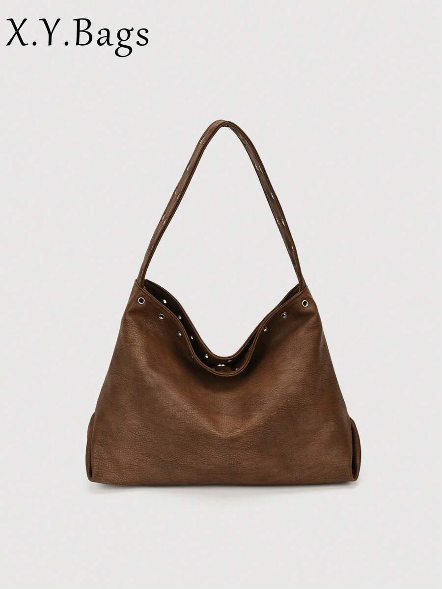 Women Hobo Bag Plain PU Leather Eyelet Rivet Detail Soft Shoulder Strap Large Capacity Casual Vintage Daily Shoulder Bag