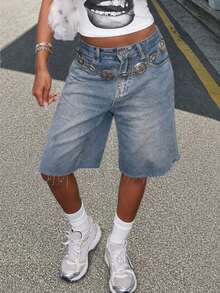 Y2K Vintage Distressed Ripped Hem Wide Leg Bermuda Denim Shorts With Side Pockets, Comfortable Music Festival Shorts Casual Summer, Streetwear - Retro Blue - View 7