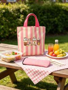 Set Tas Bekal Kanvas Bergaris + Tas Penyimpanan Peralatan Makan, Ringan, Dapat Dilipat, Mudah Dibersihkan, Untuk Kerja, Perjalanan, Bekal Sekolah, Piknik, Bepergian, Pekerja Kantoran, Pelajar, Komuter, Kembali ke Sekolah, Perlengkapan Perjalanan, Hadiah Ulang Tahun - MultiWarna - View 5