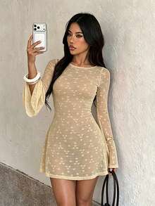 Autumn Solid Color Textured Fabric Backless Dress, Elegant Dress For Party And Date - Khaki - View 8