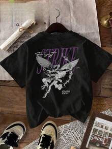 Y2K Retro Hip-Hop Street Style T Shirt - The Back Is Printed With Angels And"STRIKE"Pattern,White Background With Purple/Black,Round Neck,Short Sleeve - 黑色 - 查看 6
