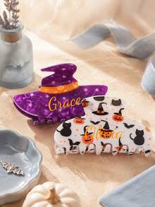 Personalized Halloween Hair Claw Clip, Custom Engraved Name, Spooky Pumpkin Witch Hat Hair Accessories Birthday Party Gift For Her, Custom Name Gift - Multi-color Halloween Hair Clip - View 6