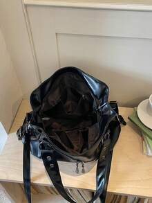 Vintage Minimalist Large Capacity Fashion Student Work Commute Tote Bag - Black - View 5