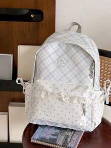 1pc Plaid & Polka Dot Patchwork Backpack, Sweet College Style With Ruffle Front Pocket & Heart Embroidery, Suitable For Campus Daily Commute - Multicolor - View 5