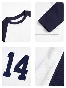 Number Graphic Casual Raglan Sleeve Fitted Long Sleeve Top Spring - Blue and White - View 5