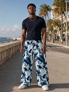 Plus Size Men's Pants Gradient Blue Camouflage All-Over Print Loose Wide Leg Design Drawstring Adjustable Waistband Lazy Loose Fit Casual Long Pants - Baby Blue - View 7