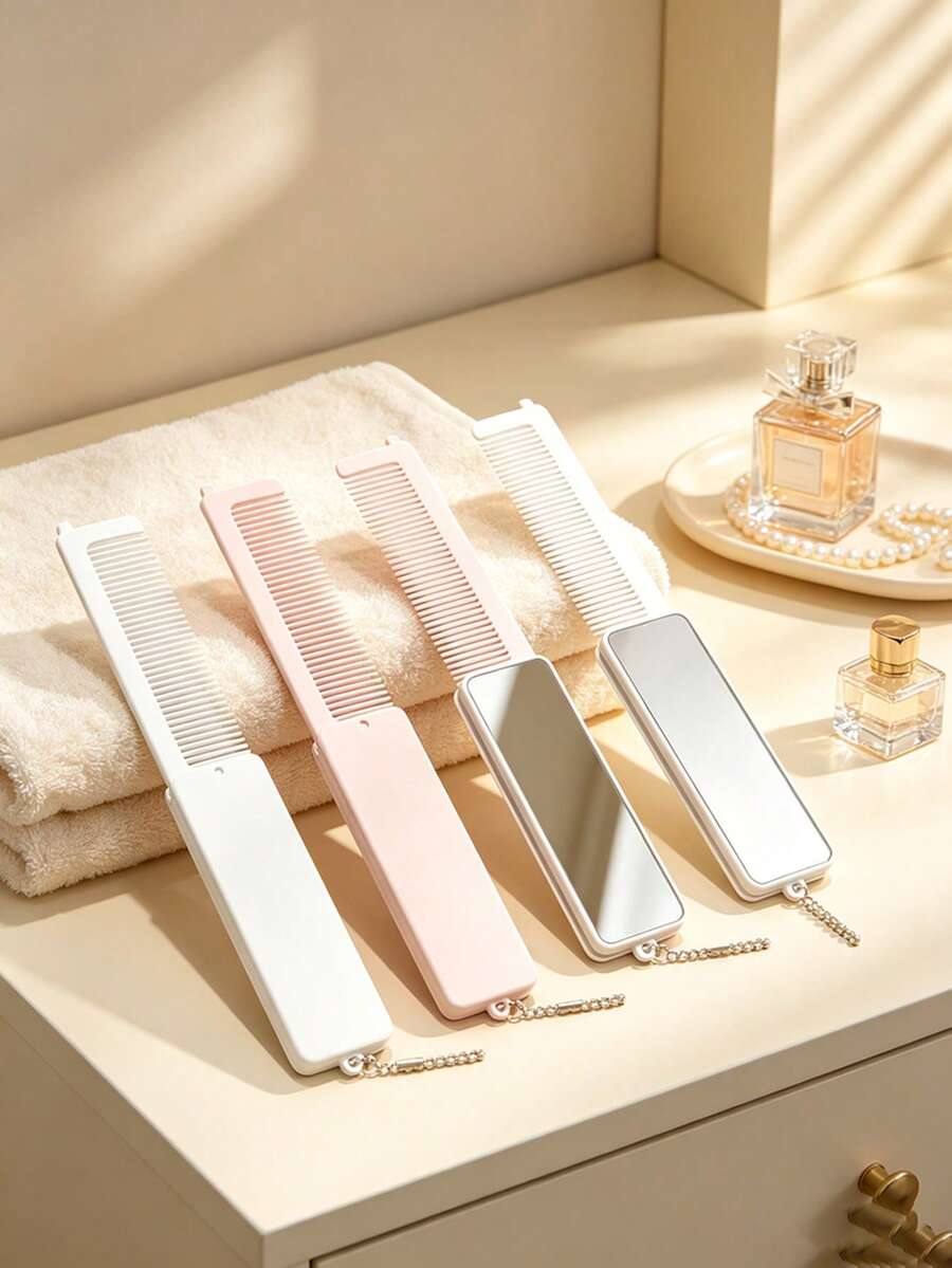 1pc 2 In 1 Foldable Hair Comb With Makeup Mirror, Portable Pocket Hair Styling Comb With Beaded Chain, Compact Lightweight Travel Hairdressing Accessory For Women Daily Outdoor Hairstyle Arrangement - Multicolor - View 1