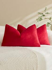1pc/2pcs Velvet Red Solid Color Decorative Throw Pillow Cover (Pillow Insert Not Included), Square Cushion Cover, Holiday Home Decor Pillow, Soft & Comfortable Linen-Like Fabric, Modern Decor For Sofa, Bedroom, Dorm - Red - View 5
