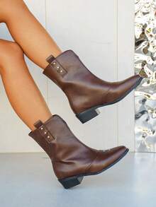 Women's Fashion Versatile Chunky Heel Pointed Toe Slip-On Ankle Boots Western Style Holiday Autumn/Winter - Brown - View 2