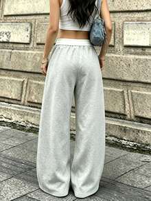 Teen Girls Colorblock Patchwork Sweatpants, Low Waist Elastic Waist Black Joggers, Back To School Casual Loose Long Pants - Light Grey - View 2