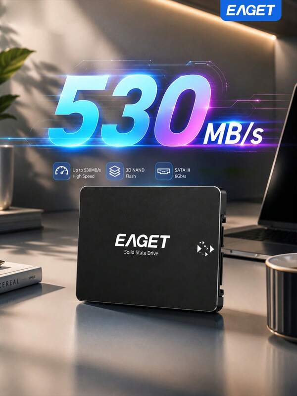 EAGET 480GB 便携式固态硬盘，2.5 英寸 SATA III 接口，传输速度高达 550MB/s，可升级 PC 或笔记本电脑的内存和存储空间，适用于 IT 专业人士、内容创作者和日常用户。