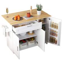 Flieks 132.5*44(70)*90cm Large Mobile Kitchen Island, Foldable Countertop, Oak Grain, Multifunctional Cabinet, Spice Rack, Towel Holder, 5 Casters, Suitable For Kitchen/Dining/Home - White - View 12