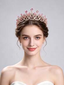 1件歐美時尚精緻合金新娘皇冠，適合女性婚禮派對髮飾，女王公主派對頭飾 - 淺粉色 - 查看 2