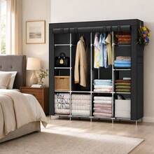 1pc Modern Minimalist Fabric Wardrobe, Fully Thickened Steel Frame, Sturdy And Durable, With High Base For Shoe Storage, Suitable For Rental Apartments And Living Rooms, Portable Wardrobe - View 4
