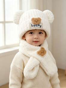 1 Set 3D Bear Ears Lucky Label Decor High Elastic Thickened Coral Fleece Warm Windproof Ear & Neck Protection Cute Cartoon Children's Hat & Scarf Set, Winter Daily Wear, Holiday Gift - Multicolor - View 4