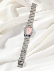 Disu 1pc Women's Pink Stainless Steel Band Classic Fashion Oval Diamond Quartz Watch. Suitable For Daily Wear - Pink - View 3