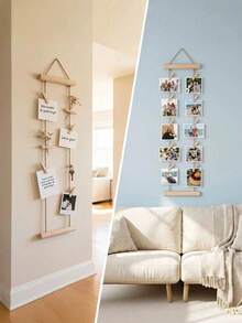 1 Set Wooden Photo Wall Hanging Rack, Includes Hanging Rope And Clips, Multi-Photo Display Stand, Photo Wall Frame Collage, No Drilling Required, Space-Saving, Suitable For Dorms, Bedrooms, Desktops And Wall Decoration - A - View 5