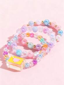 Set 3pcs Gelang Anak-Anak Bentuk Amplop Lucu Kreatif dengan Manik-manik Warna-warni, Set Perhiasan Persahabatan Kasual Sehari-hari untuk Anak Perempuan, Hadiah Pesta. - MultiWarna - View 10