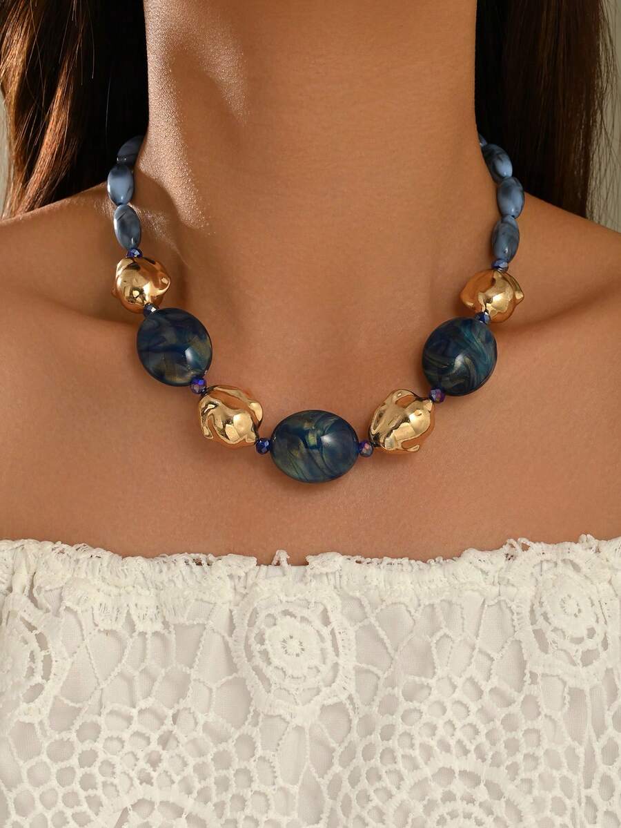 1pc Fashion Elegant Bohemian Multi-Color Plastic Beaded Necklace, Gold Chain With Round Bead Pendant, Handmade DIY Women's Beaded Necklace, Suitable For All-Year Daily Wear, Vacation, Party, Graduation Season, Best Friend, Holiday Gift, Bead Color And Pattern Random, Material Inlet Is Normal - Multicolor - View 1