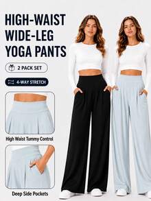 Women's Solid Color High Waist Pocket Pleated Casual Sports Long Pants 2pcs Set Black - Black - View 1
